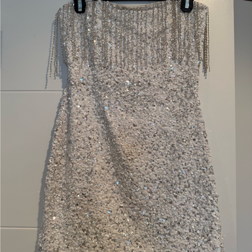 Retrofete White Sequin Dress with Fringe - Picture 3 of 7